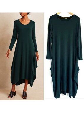 BRYN WALKER Chelsea Long DRESS XS Asymmetrical Draped Side Green Lagenlook NEW